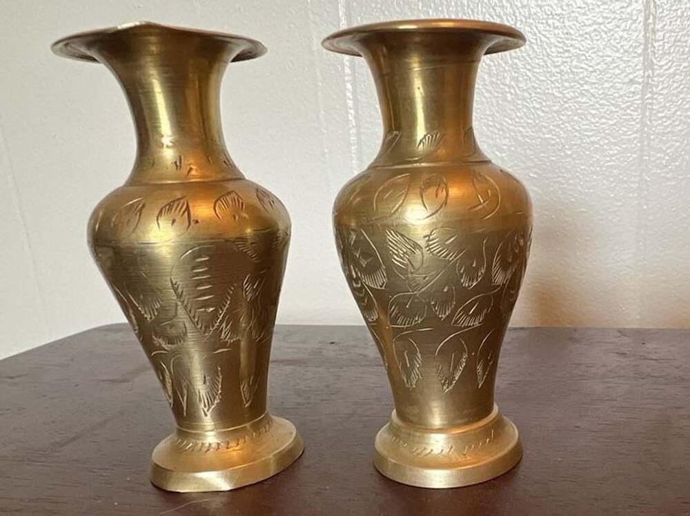 Vintage Brass Etched Vase Made in India Set of 2